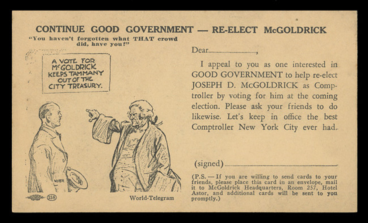 Election Card: Joseph D. McGoldrick, N.Y.C. Comptroller (On Scott #UX27) - Est. period of use, 1941 Election.