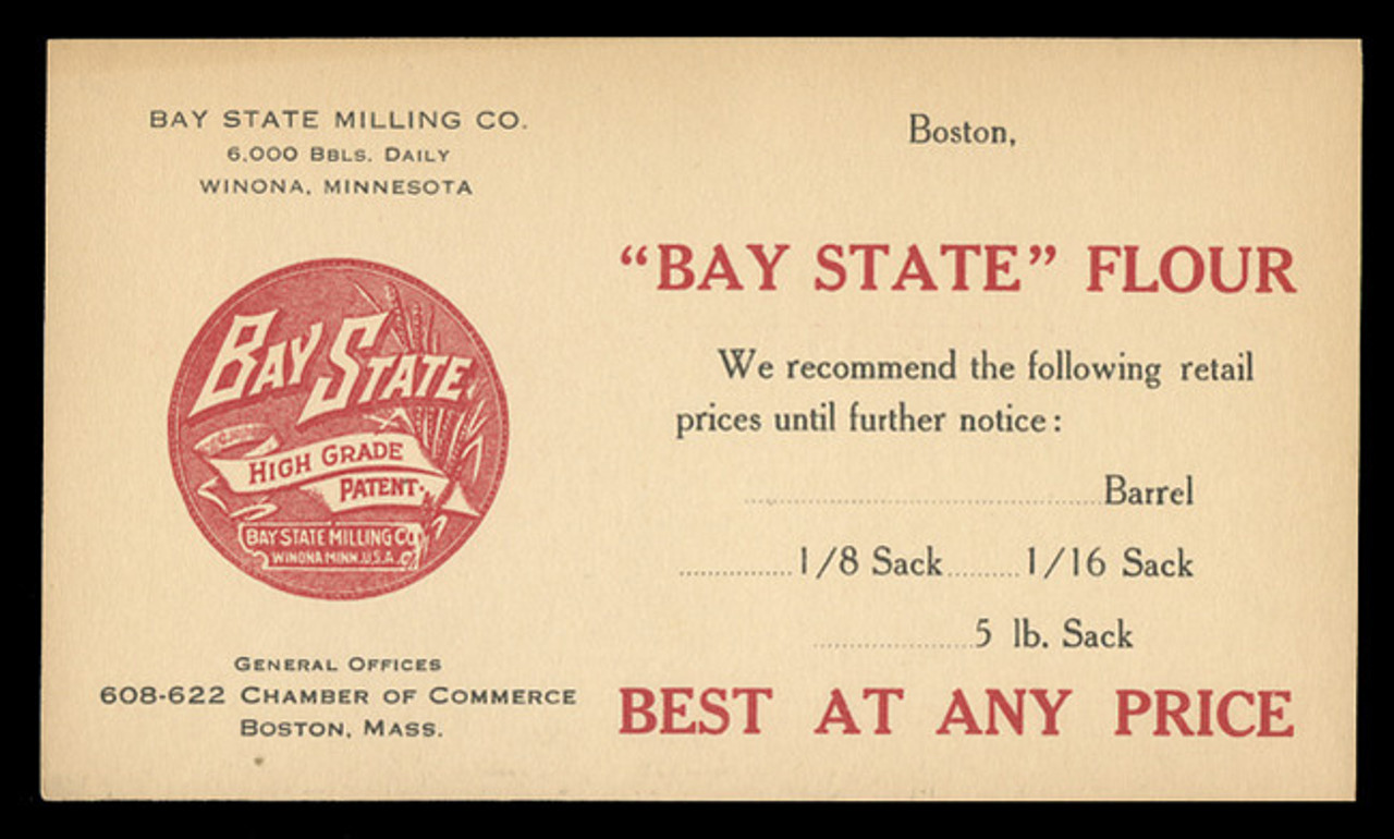 Bay State Flour, Retail Price Suggestion Notce (On Scott #UX30) - Est. period of use, 1918-20.