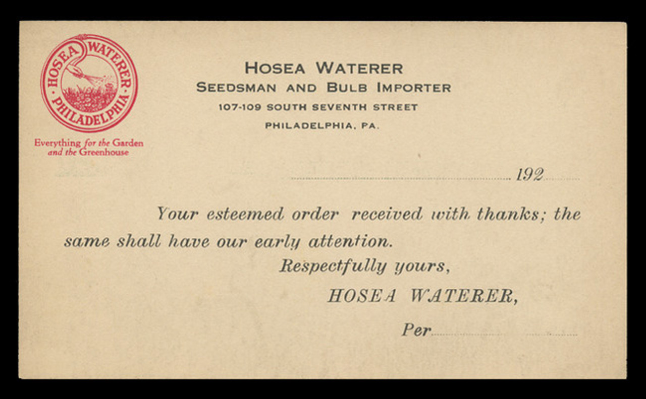 Hosea Waterer Seeds & Bulbs, Order Acknowledgement Card (On Scott #UX27) - Est. period of use, 1920s.