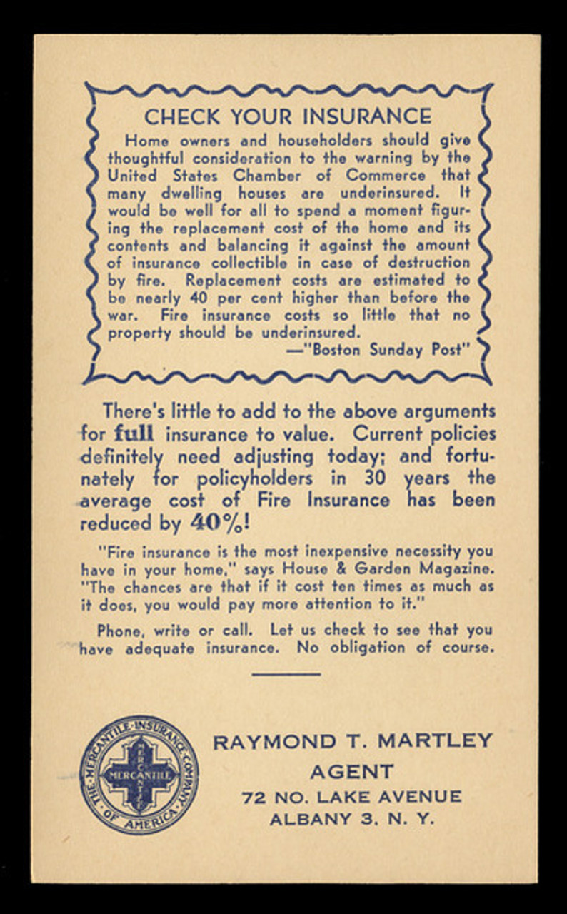 Mercantile Insurance Company Advertising Postal Card (On Scott #UX27) - Est. period of use, mid 1940s.