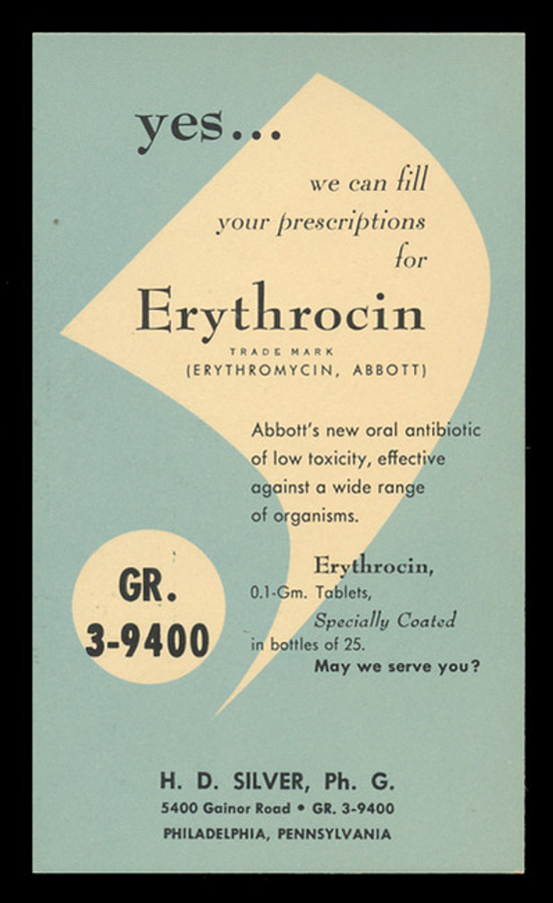 Abbott Labs, Erythrocin Tablets (Antibiotic) (On Scott #UX41) - Est. period of use, early 1950s.