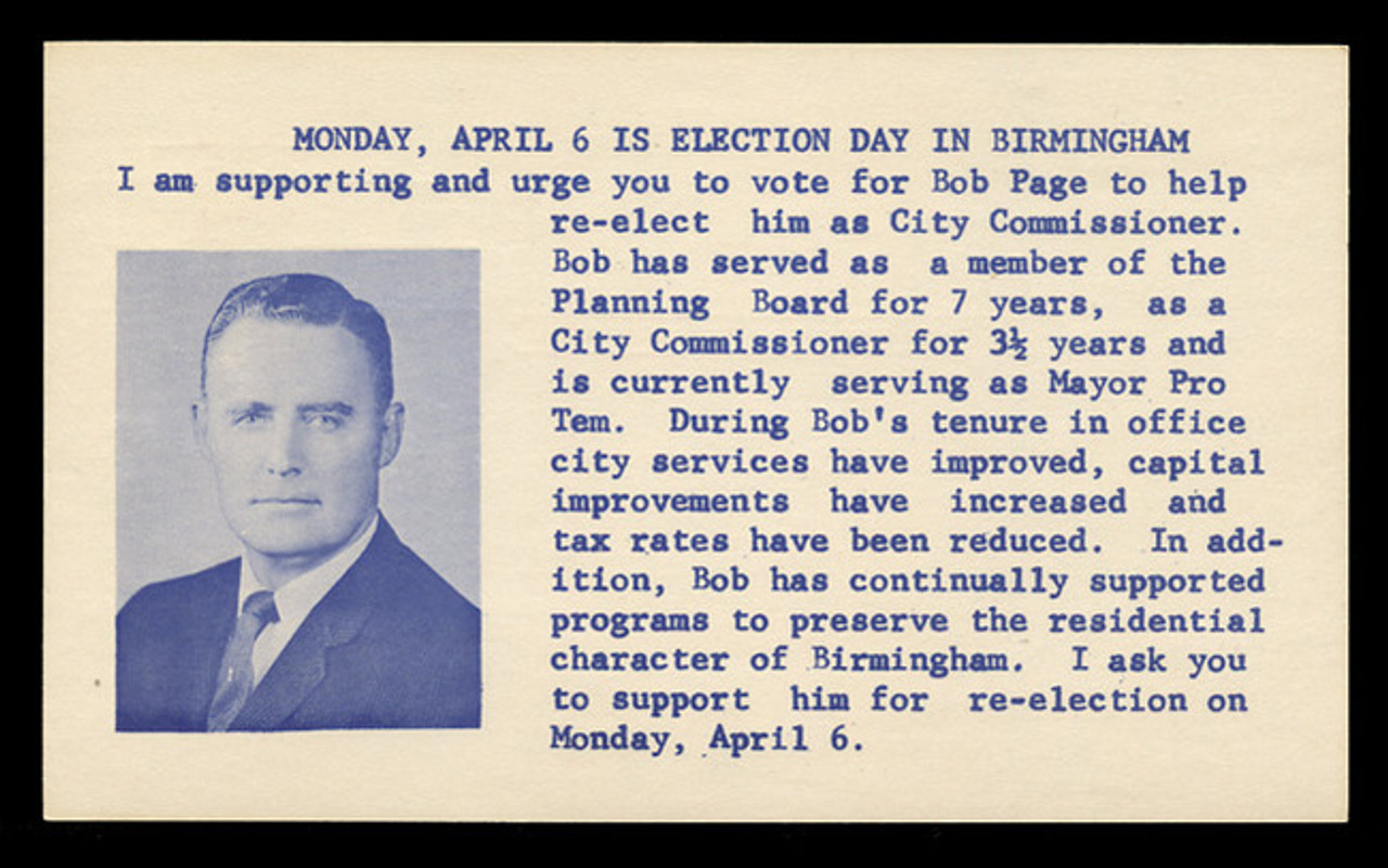 Election Card: Bob Page, Birmingham AL City Commissioner (On Scott #UX48) - Est. period of use, mid 1960s.