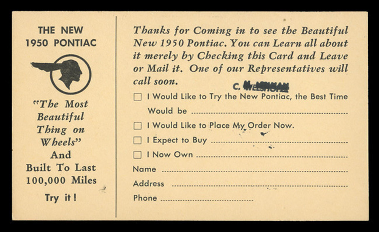 Pontiac, 1950 Test Drive Appointment Card (On Scott #UX27) - Est. period of use, 1950.