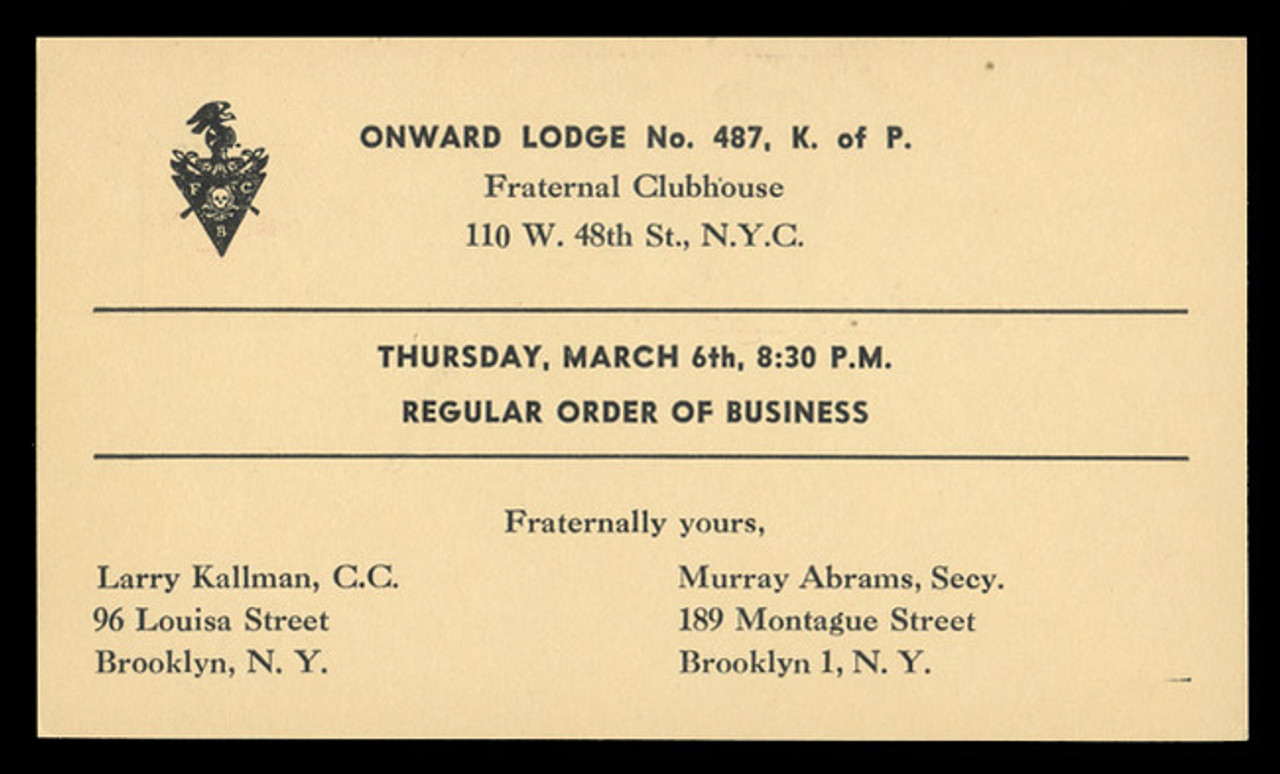 Knights of Pythias, Onward Lodge N.Y. Meeting Notice (On Scott #UX38) - Est. period of use, early 1950s.