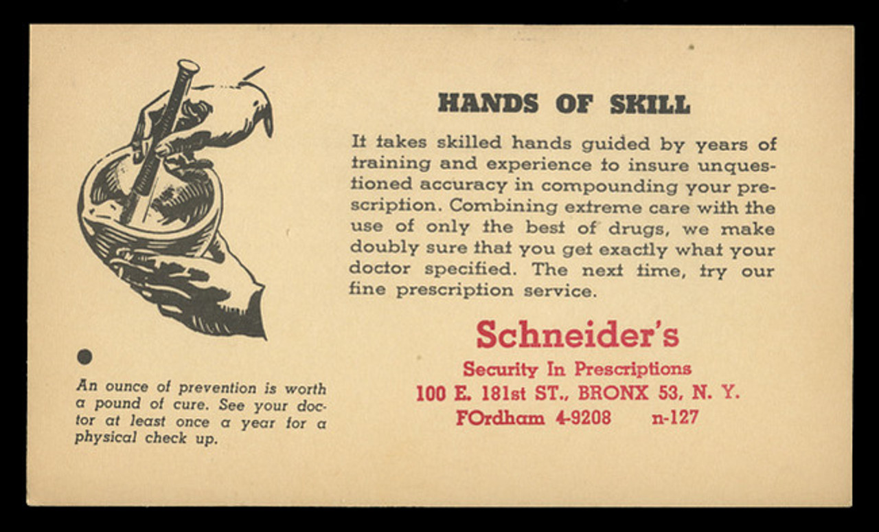 Schneider's Drug Store - Hands of Skill (On Scott #UX27) - Est. period of use, mid-1940s.
