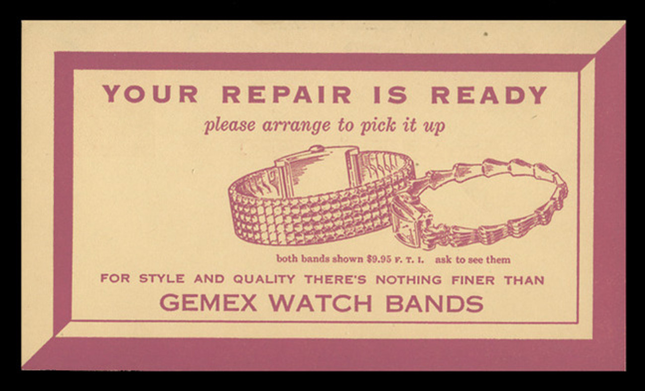 GEMEX Watch Band Repair Card (On Scott #UX38) - Est. period of use, early 1950s.