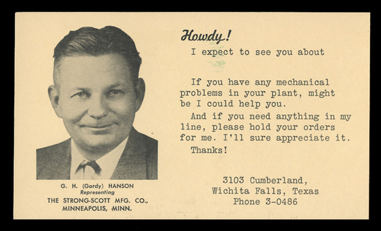 Strong-Scott Mfg. Co., Troubleshooter/Salesman's Card (On Scott #UX39) - Est. period of use, early 1950s.