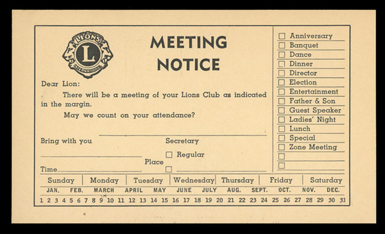 Lions Internationsl Meeting Notice (On Scott #UX41) - Est. period of use, early 1950s.