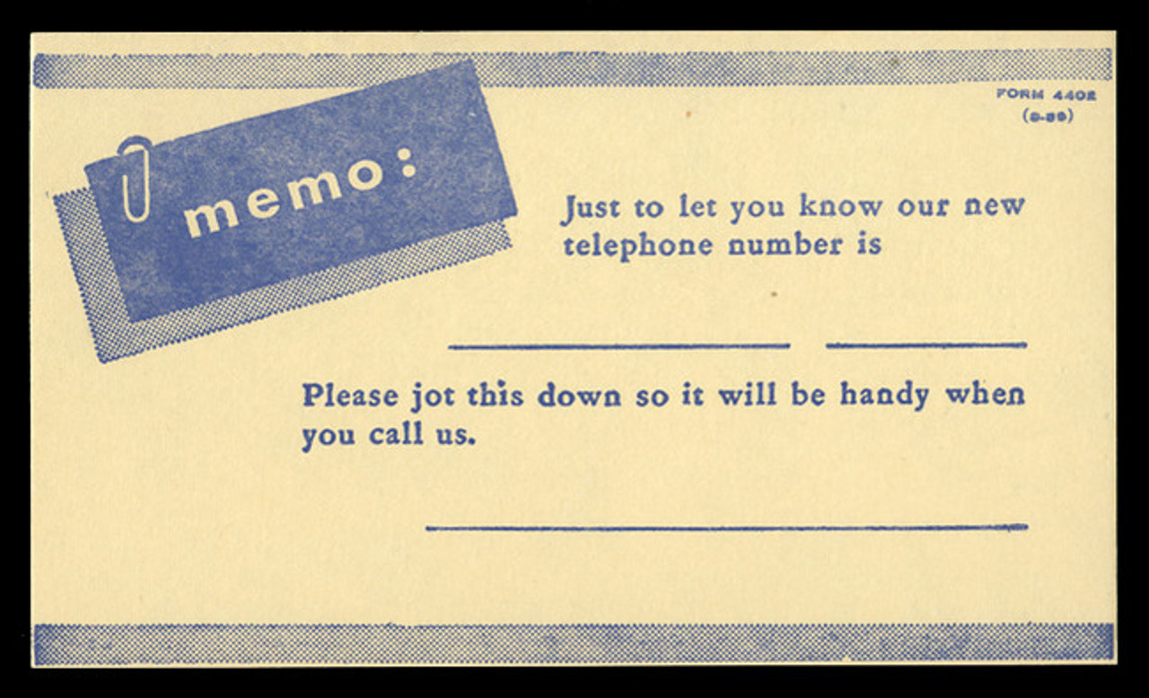 New Telephone Number Reminder (On Scott #UX46) - Est. period of use, late 1950s.