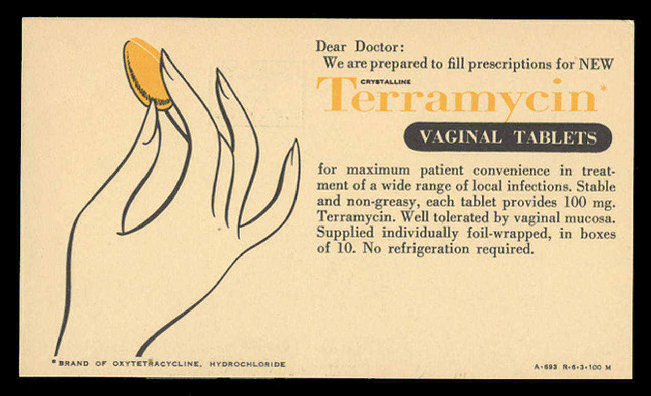 Pfizer, Terramycin Vaginal Tablets (On Scott #UX41) - Est. period of use, early 1950s.