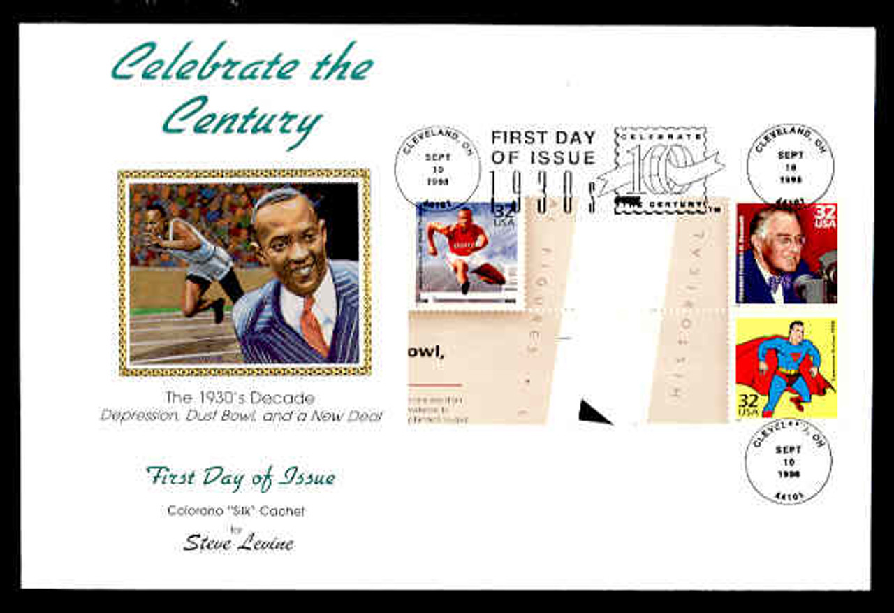 U.S. Scott #3185 32c CTC - Jesse Owens/FDR/Superman Press Sheet First Day Cover.  Steve Levine/Colorano cachet, Vertical Gutter