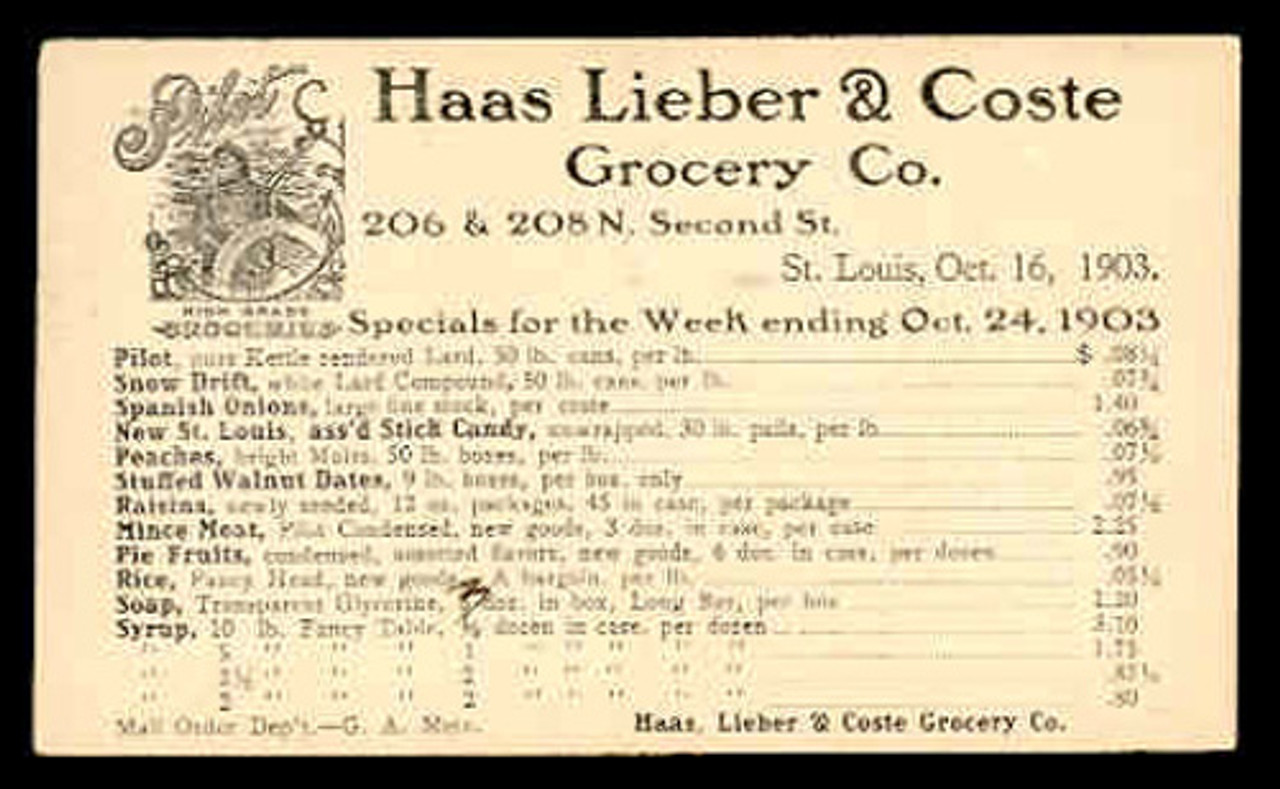 Haas Lieber & Coste Grocery Co. Advertising Postal Card (On Scott #UX18) - Est. period of use, 1903. (See Warranty)