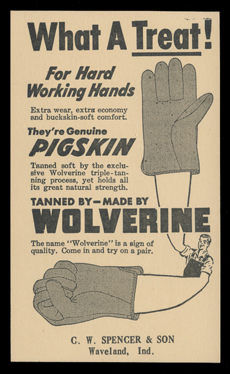 Wolverine Pigskin Gloves Advertising Card (On Scott #UX27) - Est. period of use, mid-1940s.