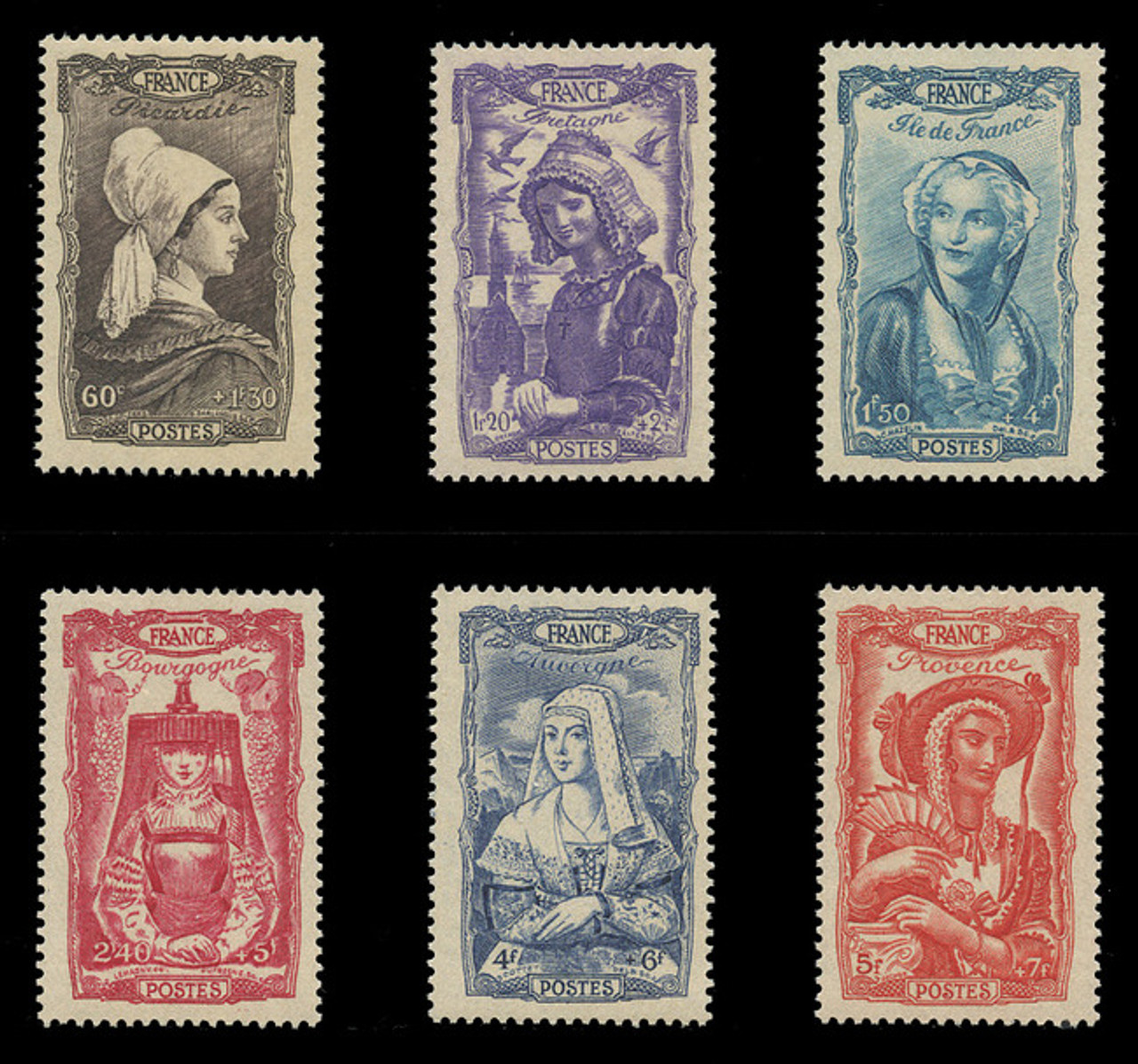 FRANCE Scott # B 167-72, 1943 National Relief, 18th Century Costumes (Set of 6)