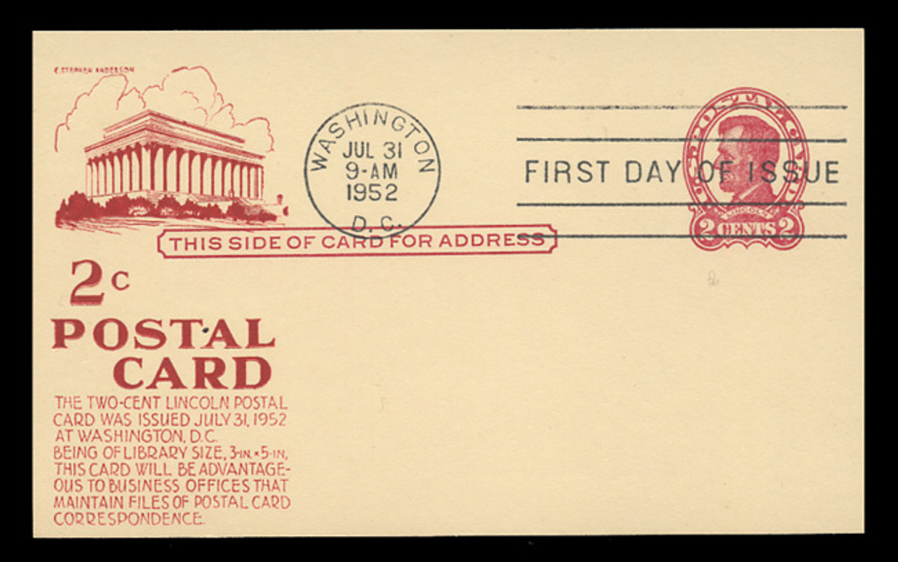 U.S. Scott #UX43 2c Abraham Lincoln Postal Card First Day Cover.  Anderson cachet, RED variety.