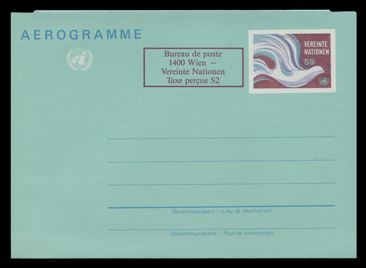 U.N.VIEN Scott # UC  2, 1986 9s +2c Peace Dove (UC1) - Mint Air Letter Sheet, Folded