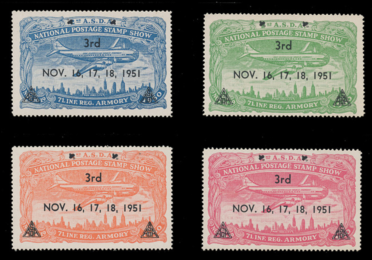 ASDA 1951BK (3rd) Stamp Show, Plane Over New York,  Black Overprint, Perforated (Set of 4)