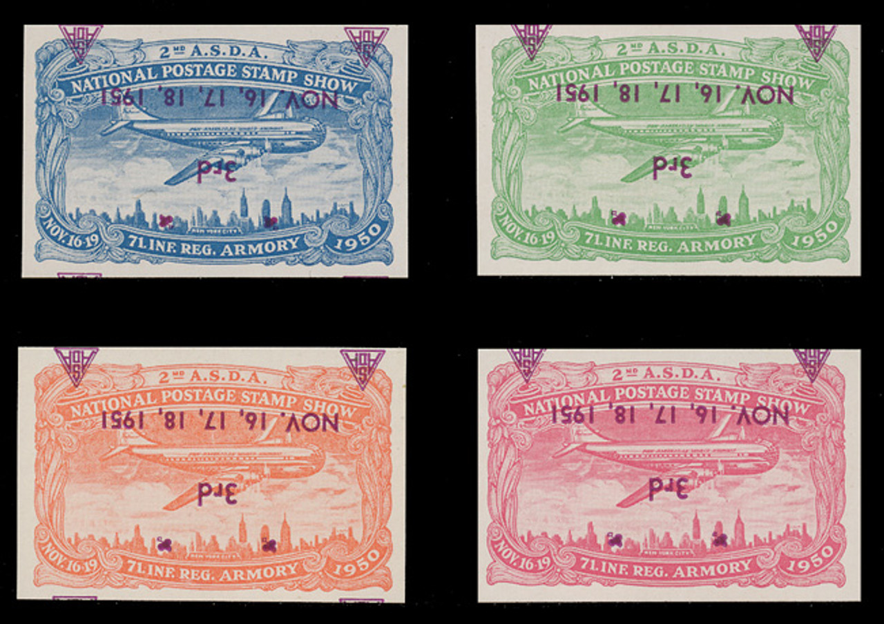 ASDA 1951MAGi-INVT (3rd) Stamp Show, Plane Over New York,  Magenta Overprint, INVERTED OVERPRINT, Imperforate (Set of 4)