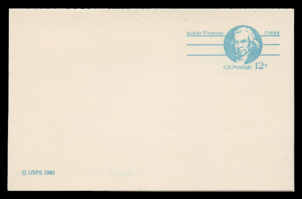 U.S. Scott # UY 32a/UPSS #MR42b, 1981 12c Isaiah Thomas - Patriot Series - Mint Message-Reply Card, SMALL "12", SMOOTH PAPER - FOLDED