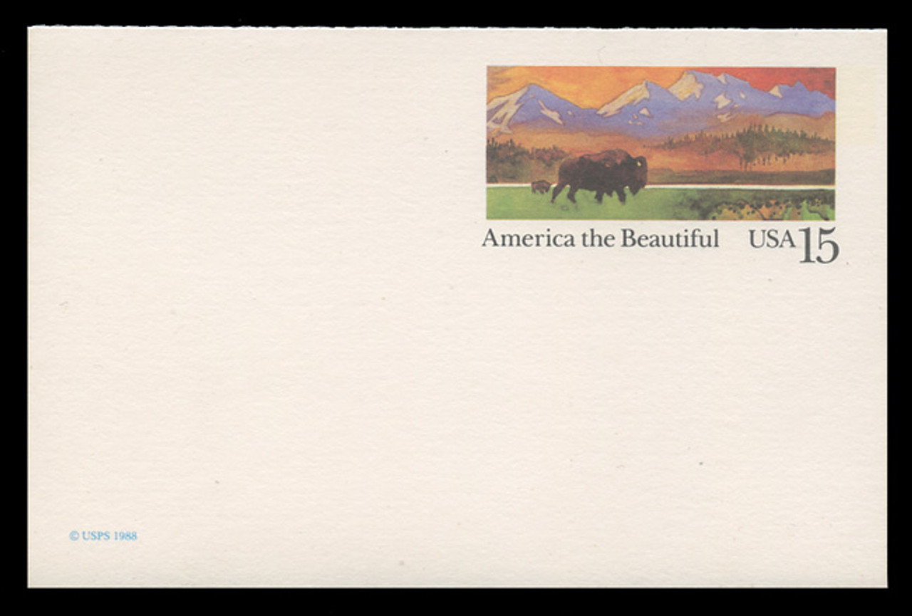 U.S. Scott # UY 39D, 1988 15c America the Beautiful - Buffalo & Prairie - Mint Message-Reply Card, DULL PAPER - FOLDED
