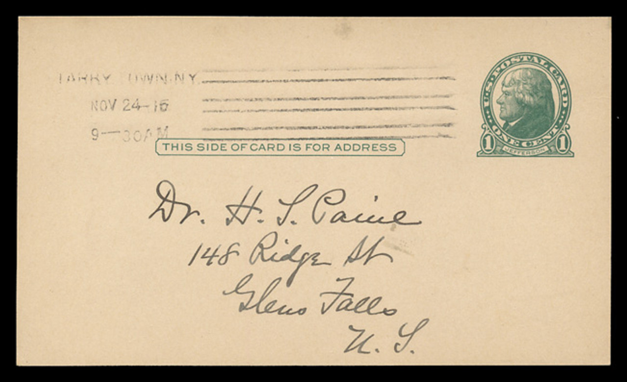 U.S. Scott # UX  27 a/UPSS #S37ACREAM, 1914 1c Thomas Jefferson, green on cream - Used Postal Card (See Warranty)