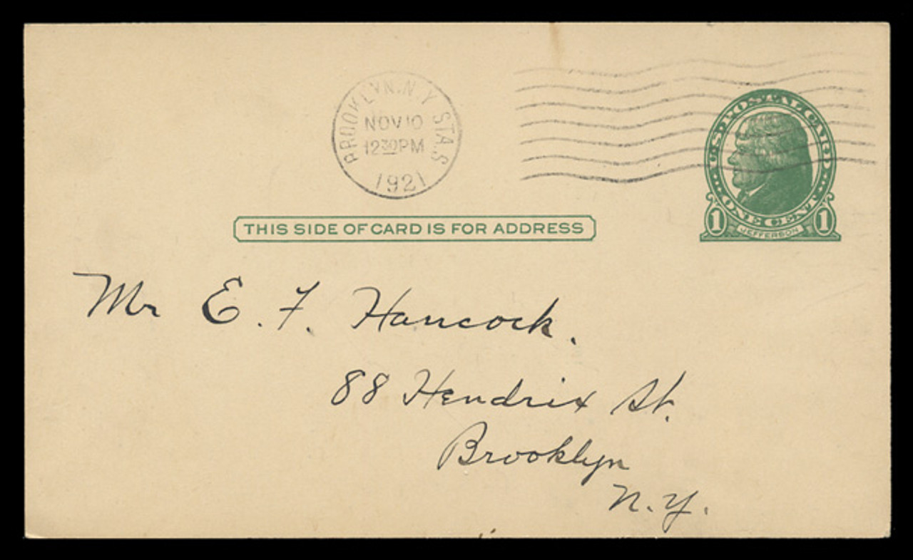 U.S. Scott # UX  27 x/UPSS #S37B, 1914 1c Thomas Jefferson, green on buff - Used Postal Card (See Warranty)