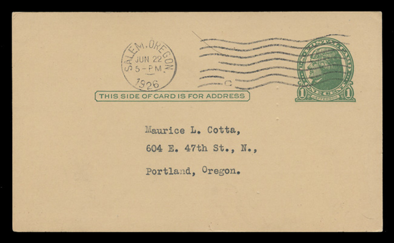 U.S. Scott # UX  27 x/UPSS #S37C, 1914 1c Thomas Jefferson, green on buff - Used Postal Card (See Warranty)