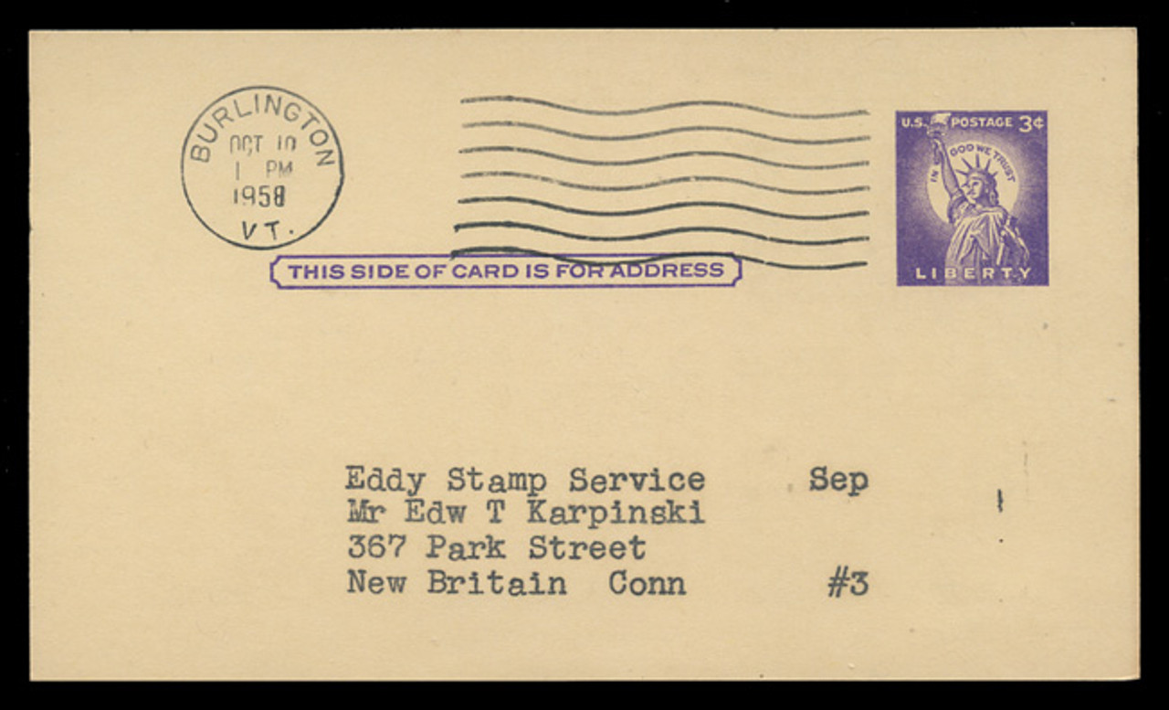 U.S. Scott # UX  46/UPSS #S63 Type 1, 1958 3c Statue of Liberty - Used Postal Card (See Warranty)