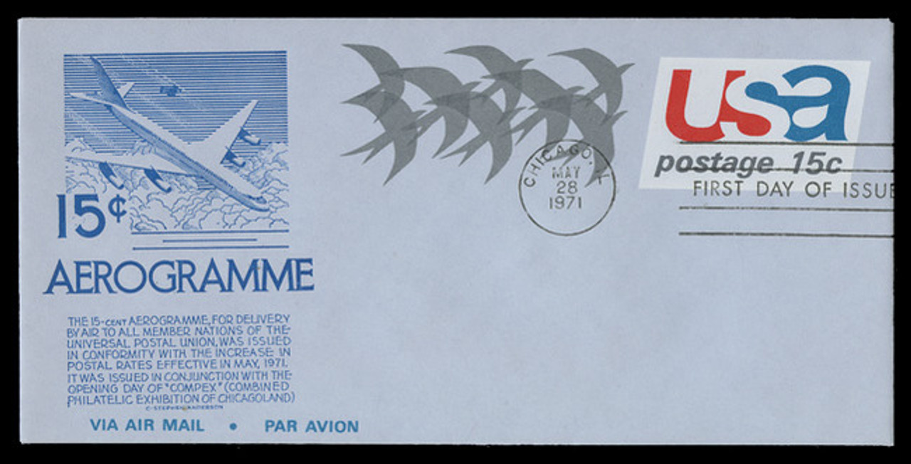 U.S. Scott #UC44 15c BirdS Air Letter Sheet First Day Cover.  Anderson cachet, BLUE variety.