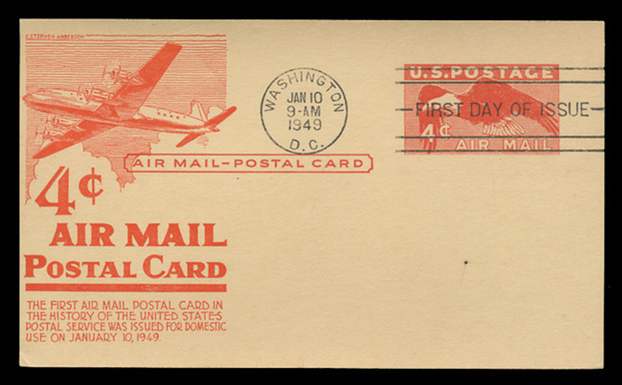 U.S. Scott #UXC 1 4c Eagle Postal Card First Day Cover.  Anderson cachet, ORANGE variety.