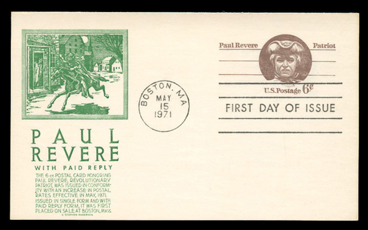 U.S. Scott #UY22 6c Paul Revere Reply Card First Day Cover.  Anderson cachet, GREEN variety.