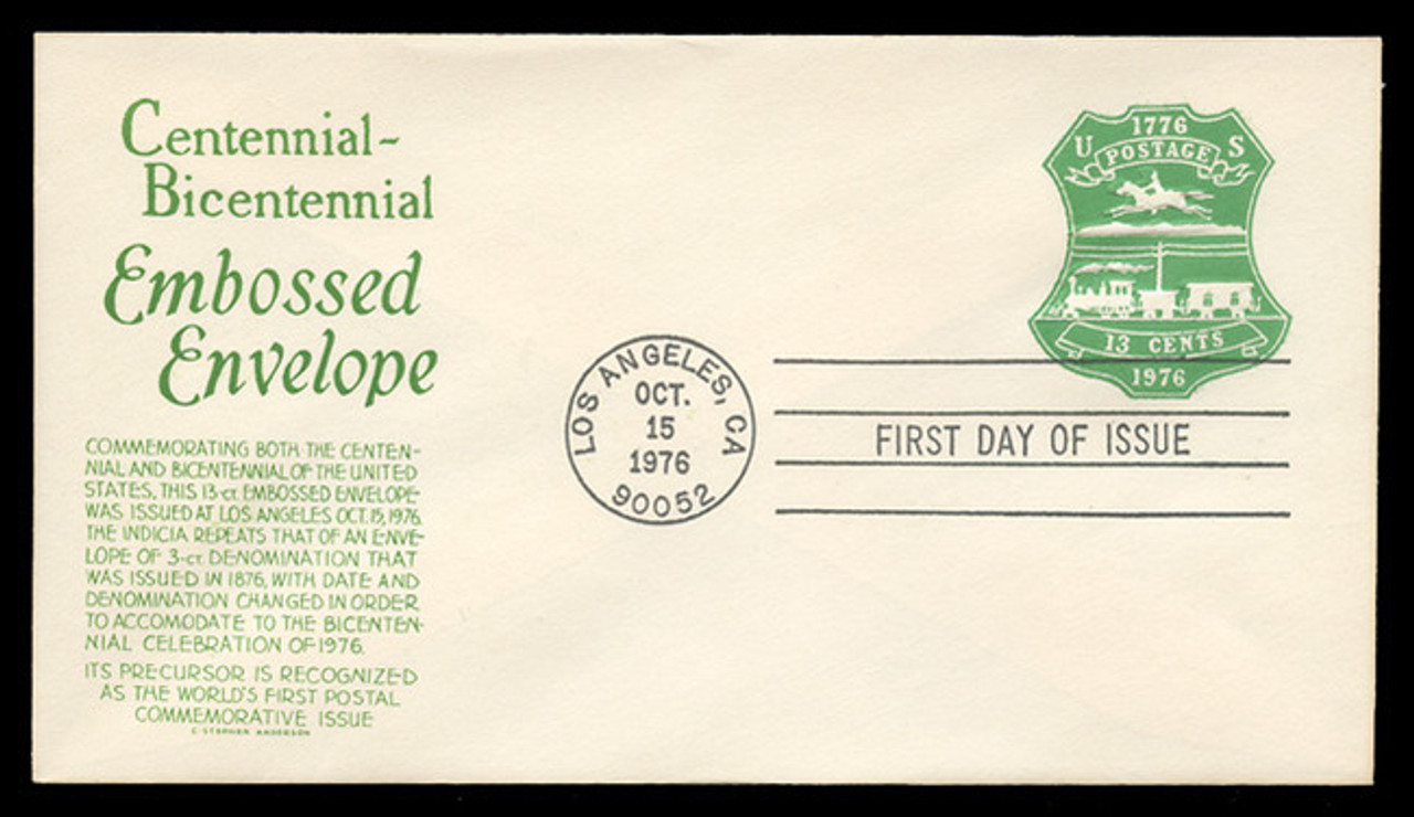 U.S. Scott #U582 13c Bicentennial Envelope First Day Cover.  Anderson cachet, GREEN variety.