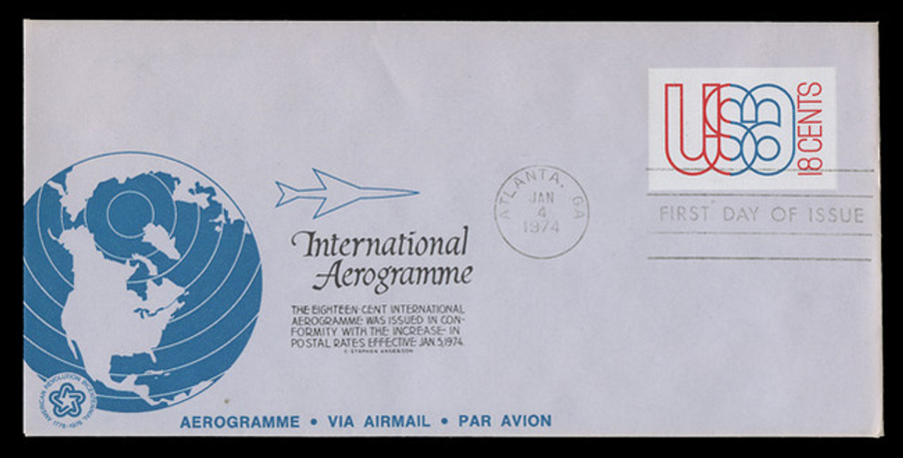 U.S. Scott #UC48 18c World Globe Air Letter Sheet First Day Cover.  Anderson cachet, BLACK variety.