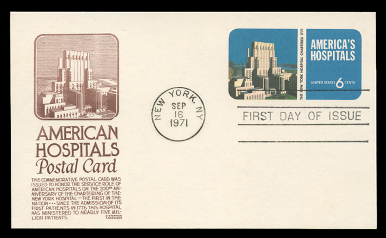 U.S. Scott #UX60 6c America's Hospitals Postal Card First Day Cover.  Anderson cachet, BROWN variety.