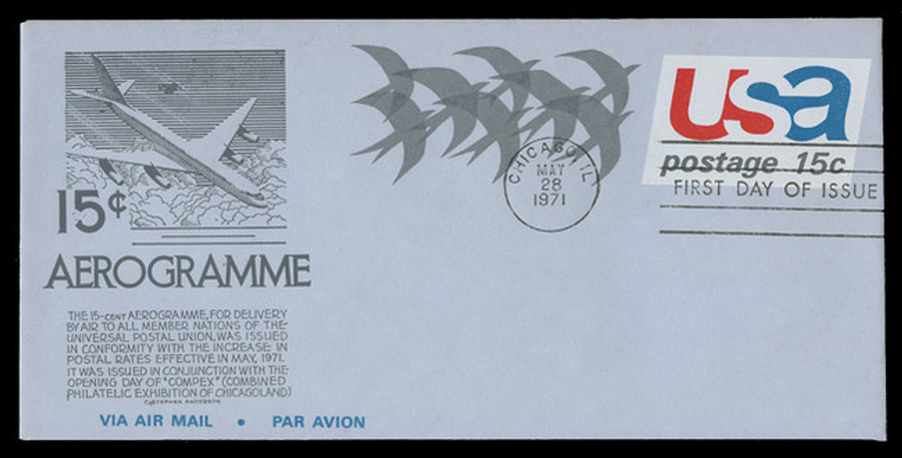 U.S. Scott #UC44 15c BirdS Air Letter Sheet First Day Cover.  Anderson cachet, GREY variety.