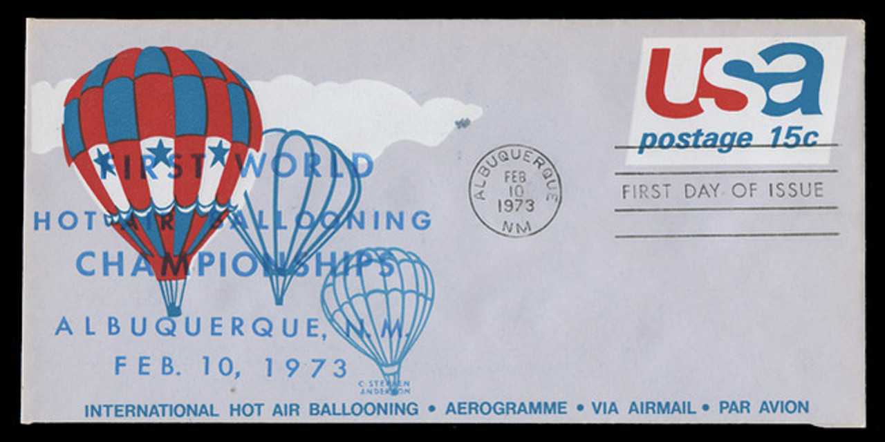 U.S. Scott #UC46 15c Hot Air Ballooning Air Letter Sheet First Day Cover.  Anderson cachet, BLUE variety.