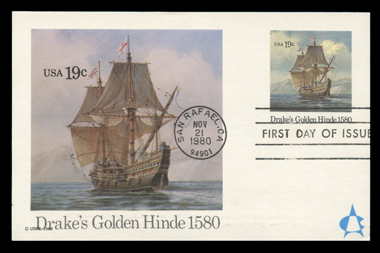 U.S. Scott #UX86 19c Drake's Golden Hinde Postal Card First Day Cover.  Andrews cachet.