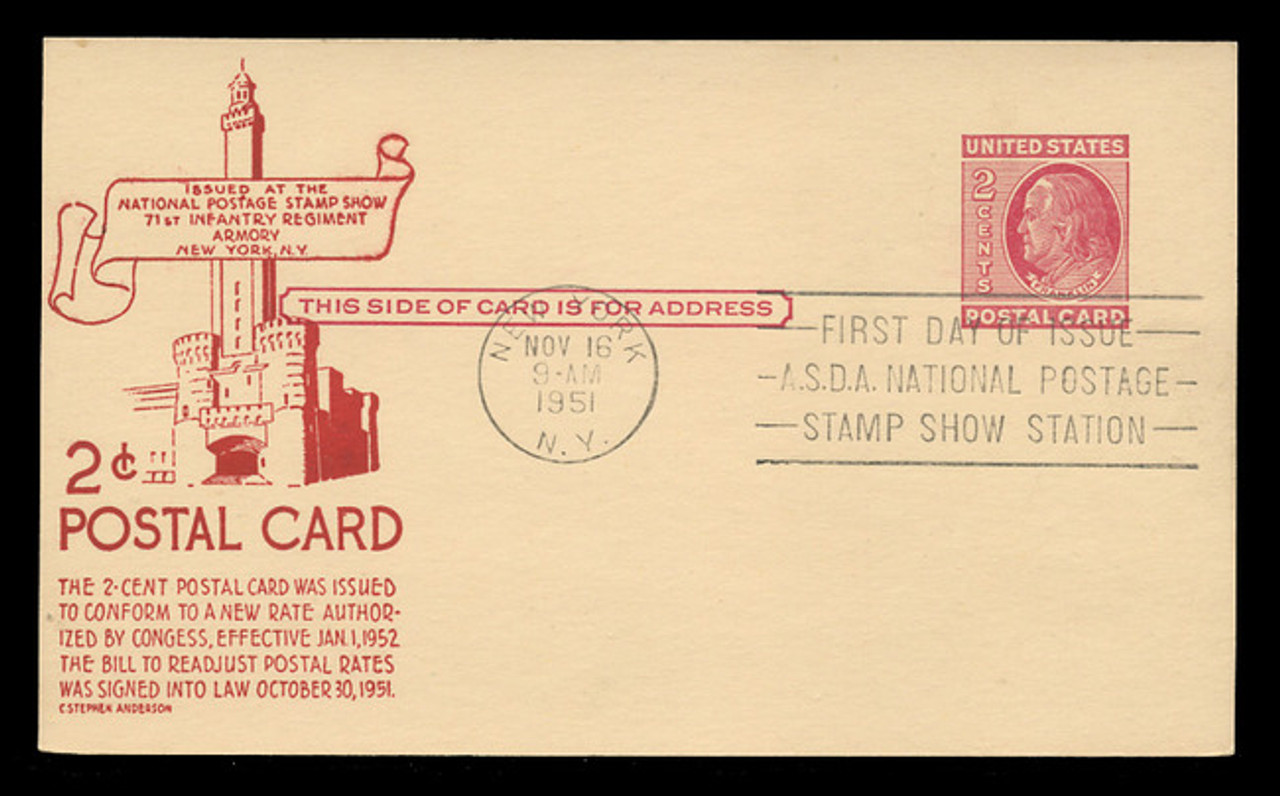 U.S. Scott #UX38 2c Benjamin Franklin Postal Card First Day Cover.  Anderson cachet, RED variety.