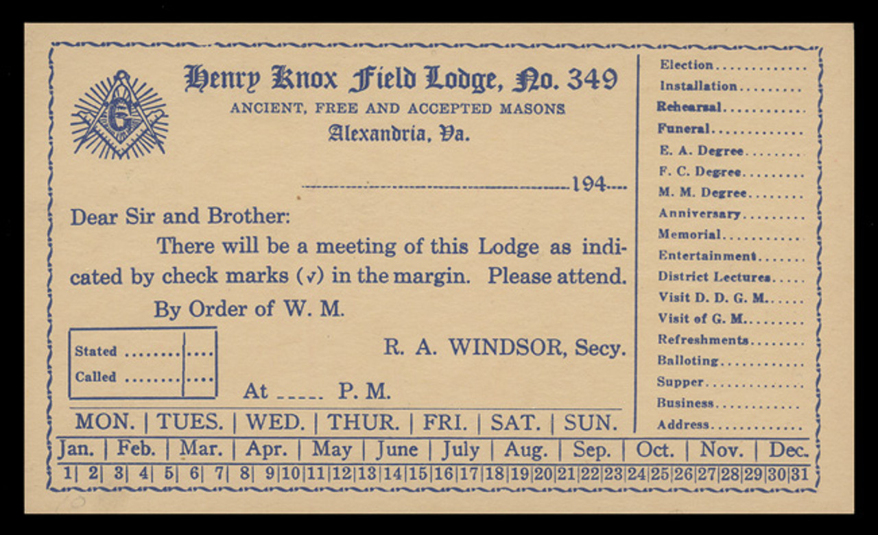 Masonic - Henry Knox Field Lodge No. 349, Meeting Notice (On Scott #UX27) - Period of use, 1940s.