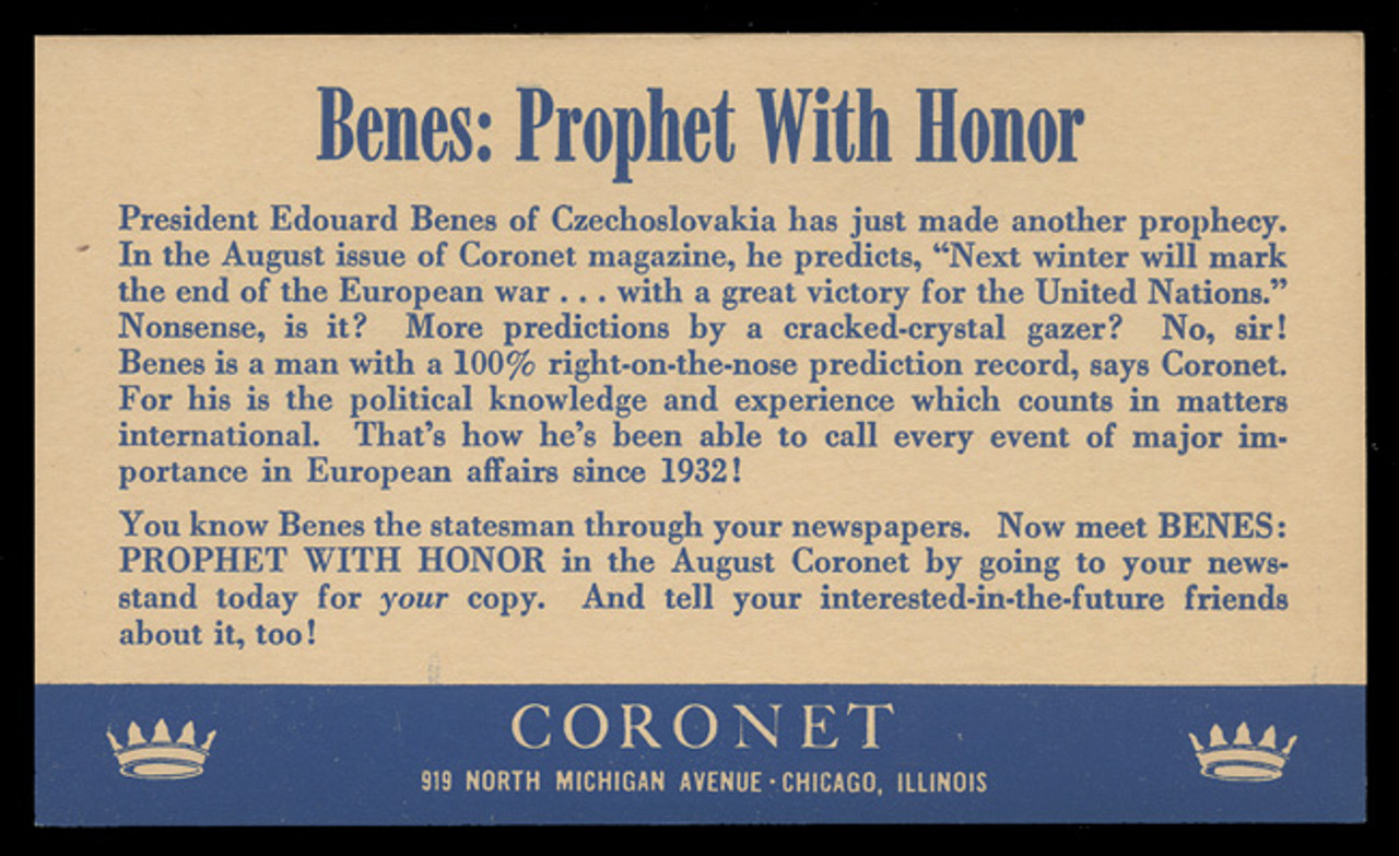 Coronet Magazine, Advertising Postal Card (On Scott #UX27) - Est. period of use, mid 1940s.