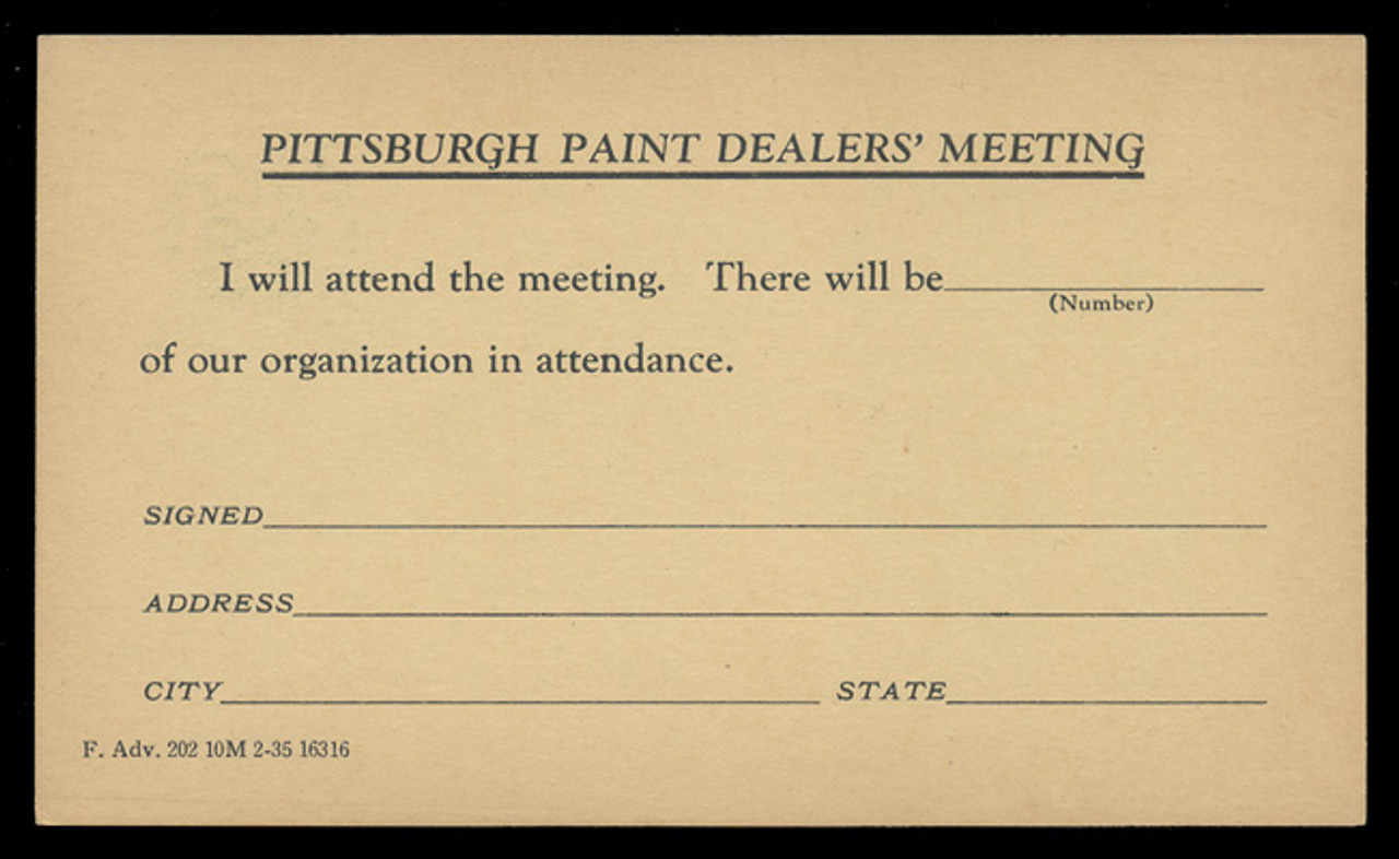 Pittsburgh Paint, Dealers' Meeting Notice (On Scott #UX27) - Est. period of use, 1930s.