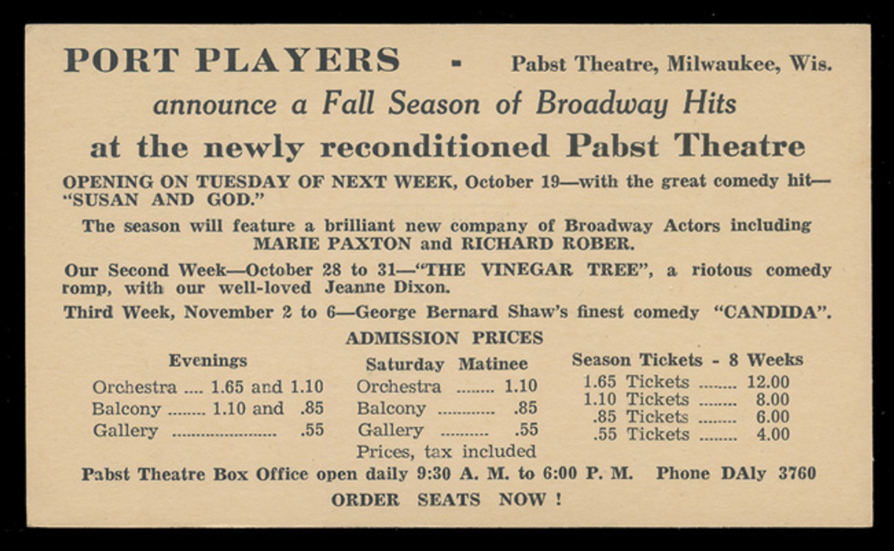 Pabst Theatre, Milwaukee, Wis. - Play Announcements (On Scott #UX27) - Est. period of use, 1930s.