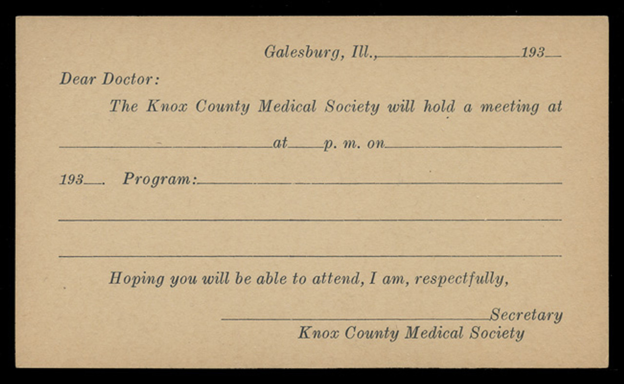 Knox County Medical Society, Meeting Notice (On Scott #UX27) - Est. period of use, early 1930s.