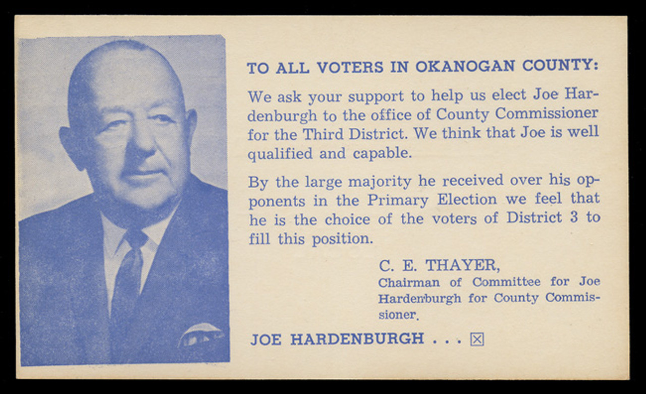 Election Card - Joe Hardenburgh, Campaign for County Commissioner (On Scott #UX48) - Est. period of use, early 1960s.