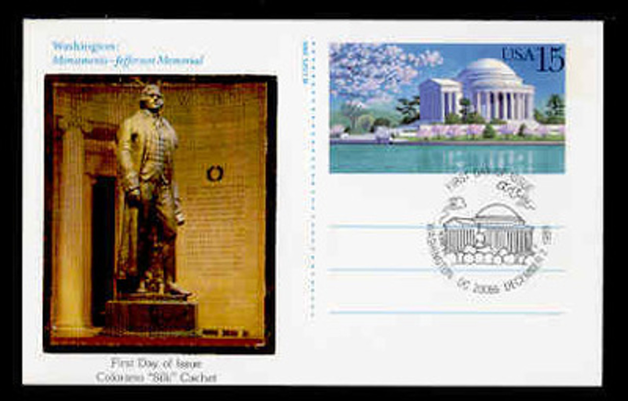 U.S. Scott #UX144 15c Jefferson Memorial Postal Card First Day Cover.  Colorano cachet.