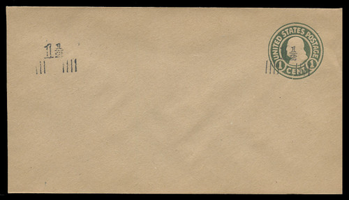 U.S. Scott # U 519x/10, UPSS 3244x/UNWMKD, 1925 1 1/2c (Type 9 Sch) on 1c (U424) Franklin, green on manila, Die 1, Two Surcharges - Mint (See Warranty)