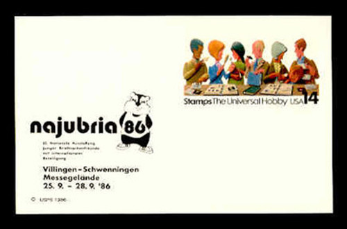 U.S. Scott # UX 110NAJ, 1986 14c Stamp Collecting, NAJUBRIA '86 Overprint - Mint Show Logo Postal Card, DULL PAPER