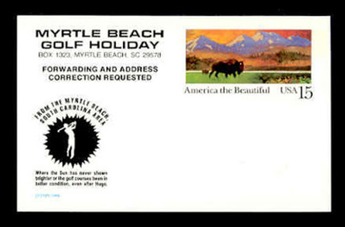 U.S. Scott # UX 120HUGO, 1988 15c America the Beautiful, HUGO/MYRTLE BEACH Overprint - Mint Postal Card
