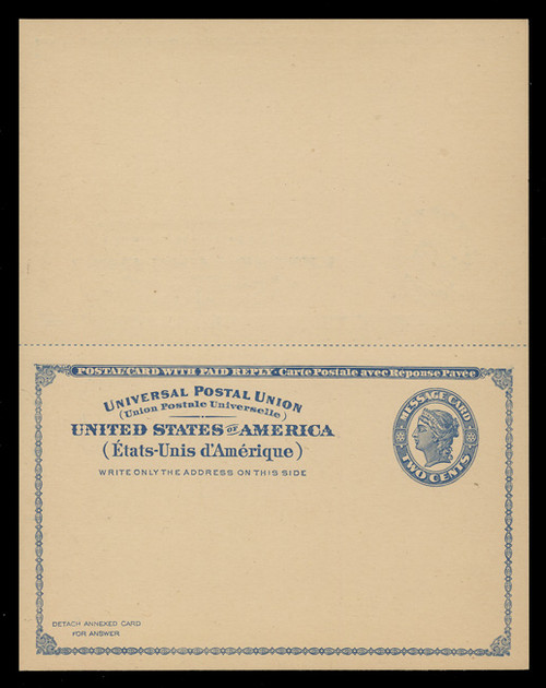 USA Scott # UY  2  Sep. 1, 1893 2c Liberty Head (Blue) - Mint International Message-Reply Card - UNFOLDED (See Warranty)