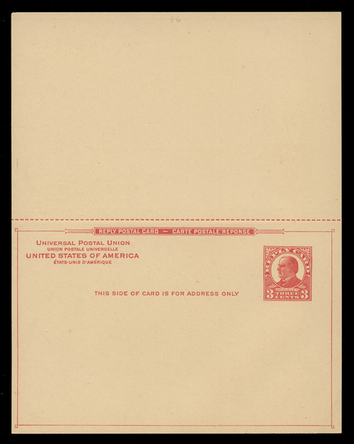 USA Scott # UY 12  Sep. 6, 1926 3c McKinley - Mint Message-Reply Card - UNFOLDED (See Warranty)